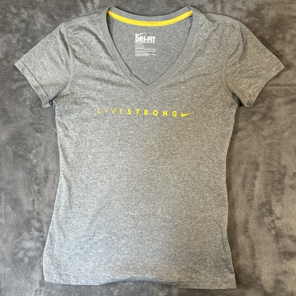 Nike Tops - Nike dri fit womens Livestrong v neck shirt Size Small Gray Yellow